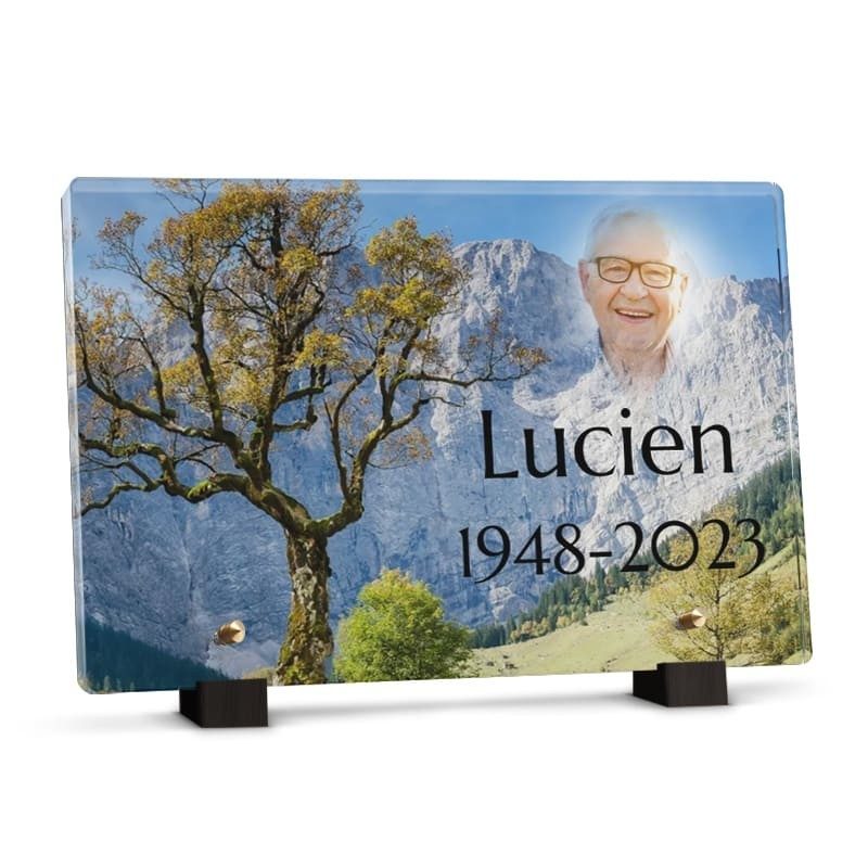 Plaque funéraire montagne & arbre rectangle  - Plaque tombale deces en plexiglas personnalisée avec photo et texte
