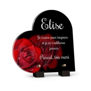 Plaque funéraire Coeur noire - Fleur rose rouge