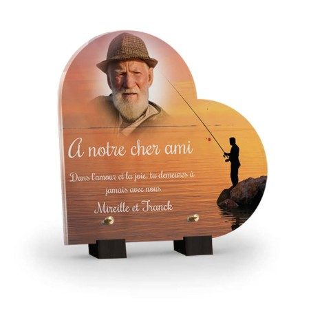 Plaque cœur pour pêcheur avec coucher de soleil avec photo Plaque cœur pour pêcheur avec coucher de soleil avec photo