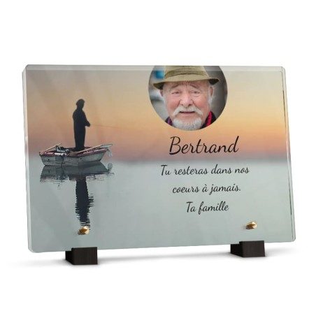 Plaque tombale avec pêcheur à l'aube avec photo Plaque tombale avec pêcheur à l'aube avec photo