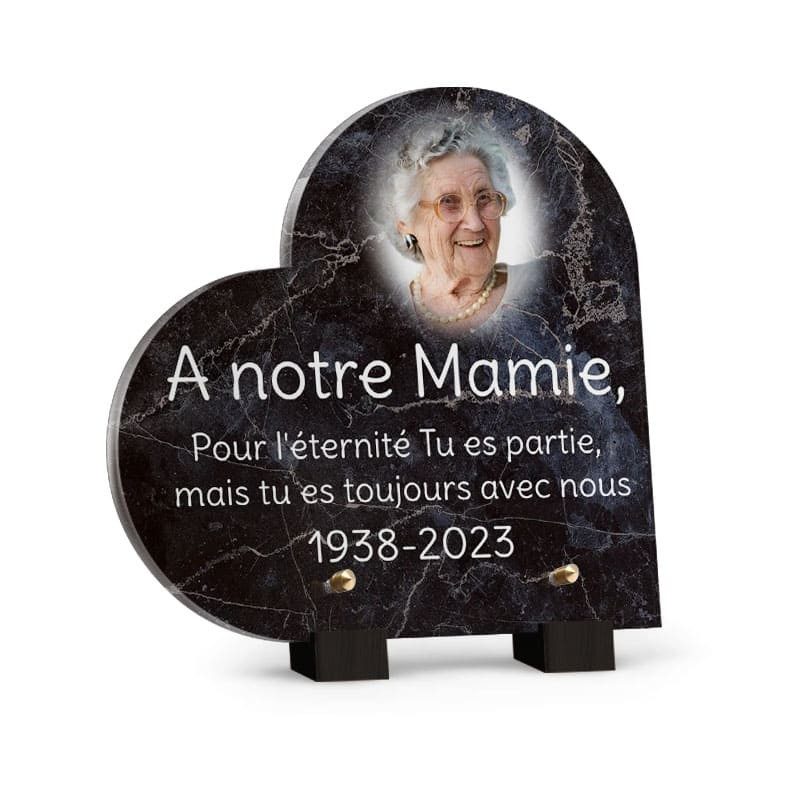 Plaque décès cœur avec motif marbre noir avec photo