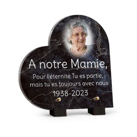 Plaque décès cœur avec motif marbre noir avec photo Plaque décès cœur avec motif marbre noir avec photo