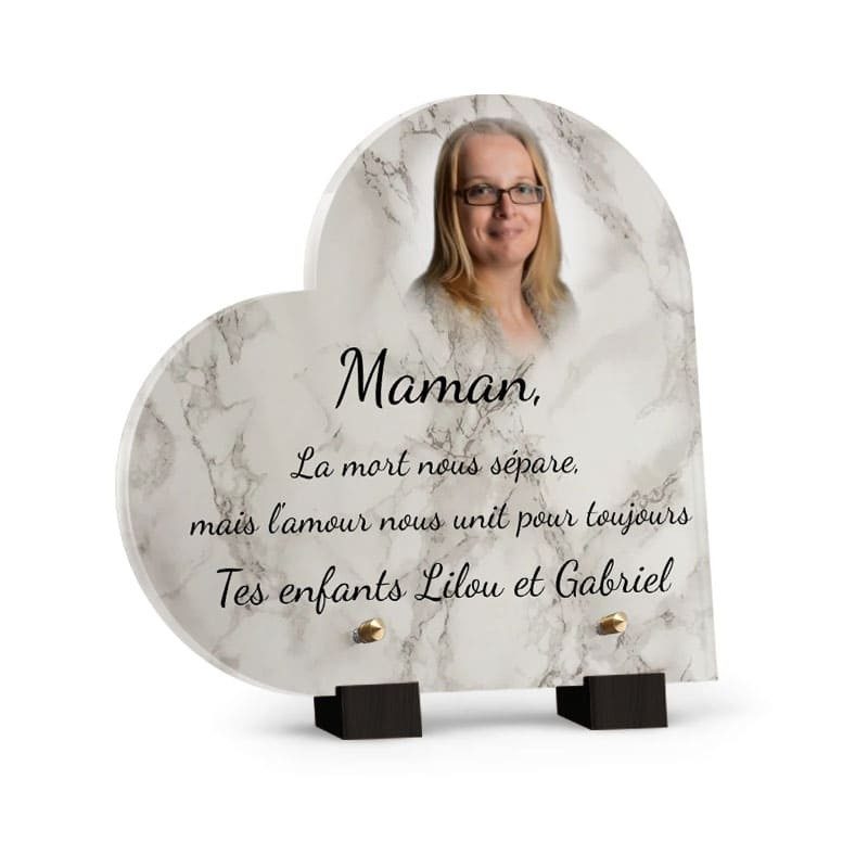 Plaque funéraire cœur avec motif marbre blanc  - Plaque tombale deces en plexiglas personnalisée avec photo et texte