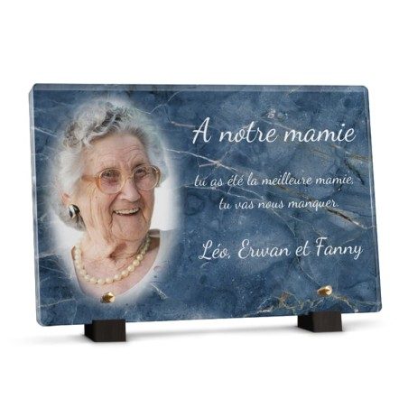Plaque funéraire rectangle marbre bleu avec photo Plaque funéraire rectangle marbre bleu avec photo