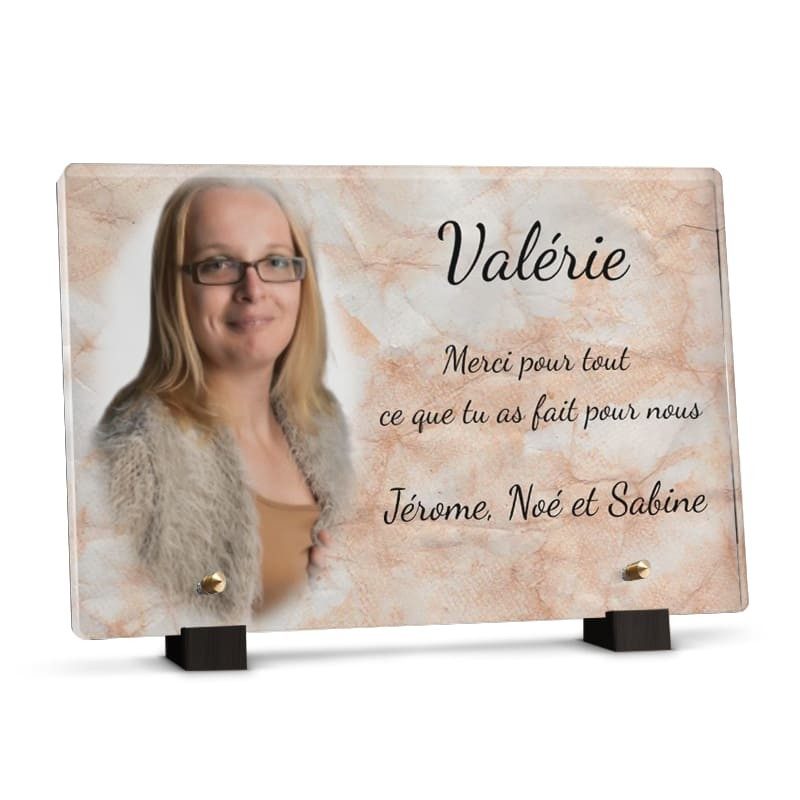 Plaque décès famille marbre rose avec photo