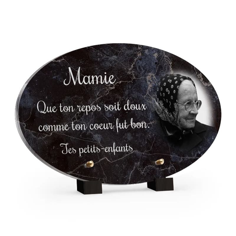 Plaque ovale motif marbre noir avec photo