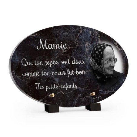 Plaque ovale motif marbre noir avec photo Plaque ovale motif marbre noir avec photo