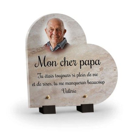 Plaque motif marbre beige - Coeur avec photo Plaque motif marbre beige - Coeur avec photo