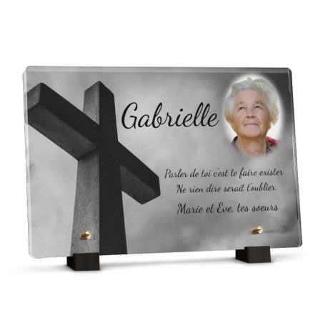 Plaque religieuse croix noir et blanc avec photo