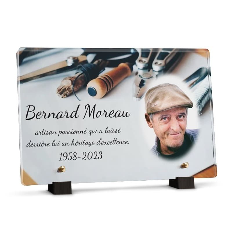 Plaque avec outils pour la tombe d'un artisan personnalisable avec texte et photo