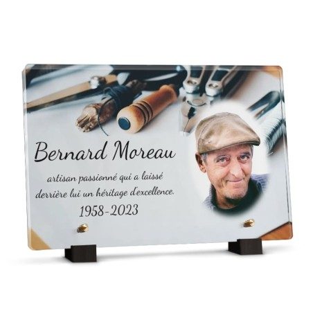Plaque avec outils pour la tombe d'un artisan personnalisable avec texte et photo