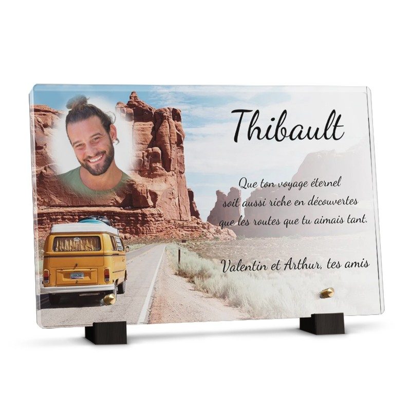 Plaque funéraire voyage en van personnalisée avec texte et photo