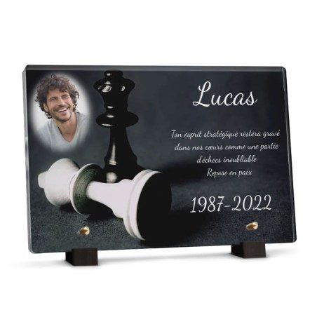 Plaque funéraire sur le thème des échecs à personnaliser avec texte et photo