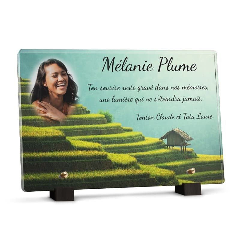 Plaque funéraire avec rizières d'Asie personnalisée avec texte et photo