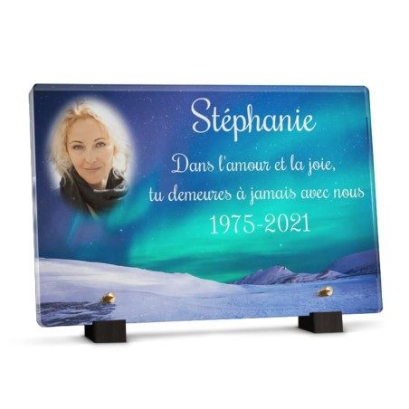 Plaque funéraire montagne avec paysage d'Aurores boréales à personnaliser avec texte et photo