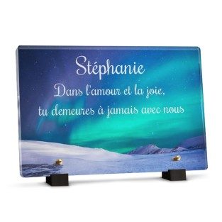 Plaque funéraire montagne avec paysage d'Aurores boréales à personnaliser avec texte