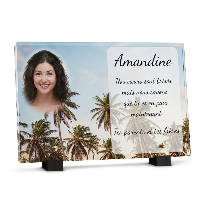 Plaque funéraire avec palmiers  - Plaque tombale deces en plexiglas personnalisée avec photo et texte