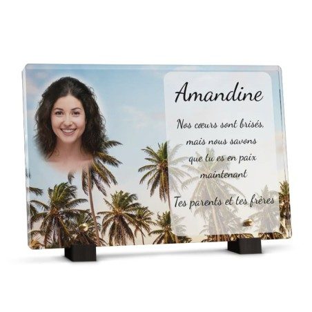Plaque tombale avec palmiers à personnaliser avec texte et photo