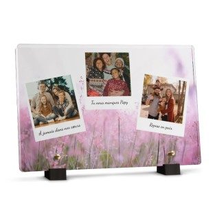 Plaque funéraire avec 3 photos polaroïds avec fleurs rose
