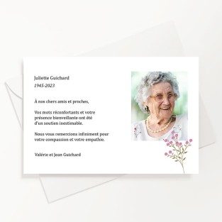 Carte de remerciements décès avec fleur rose et photo du défunt