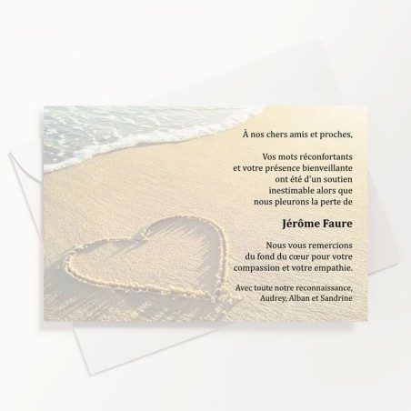 Carte de remerciements funéraire coeur plage Carte de remerciements funéraire coeur plage