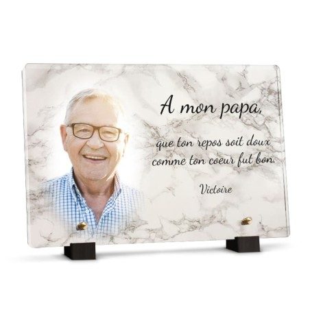 Plaque funéraire motif marbre blanc avec photo Plaque funéraire motif marbre blanc avec photo