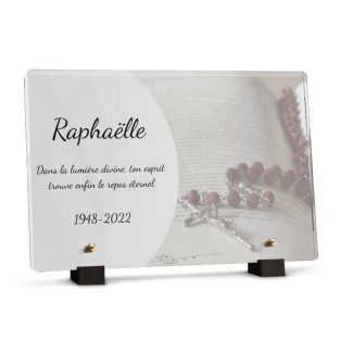 plaque funéraire chapelet sur bible personnalisée avec texte