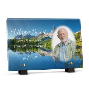 Plaque funéraire lac montagne avec photo