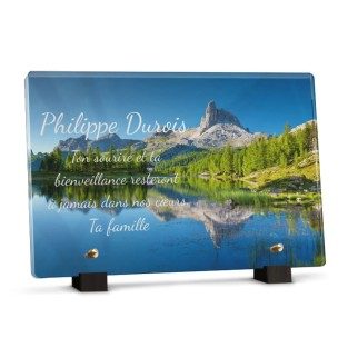 Plaque funéraire lac montagne avec texte