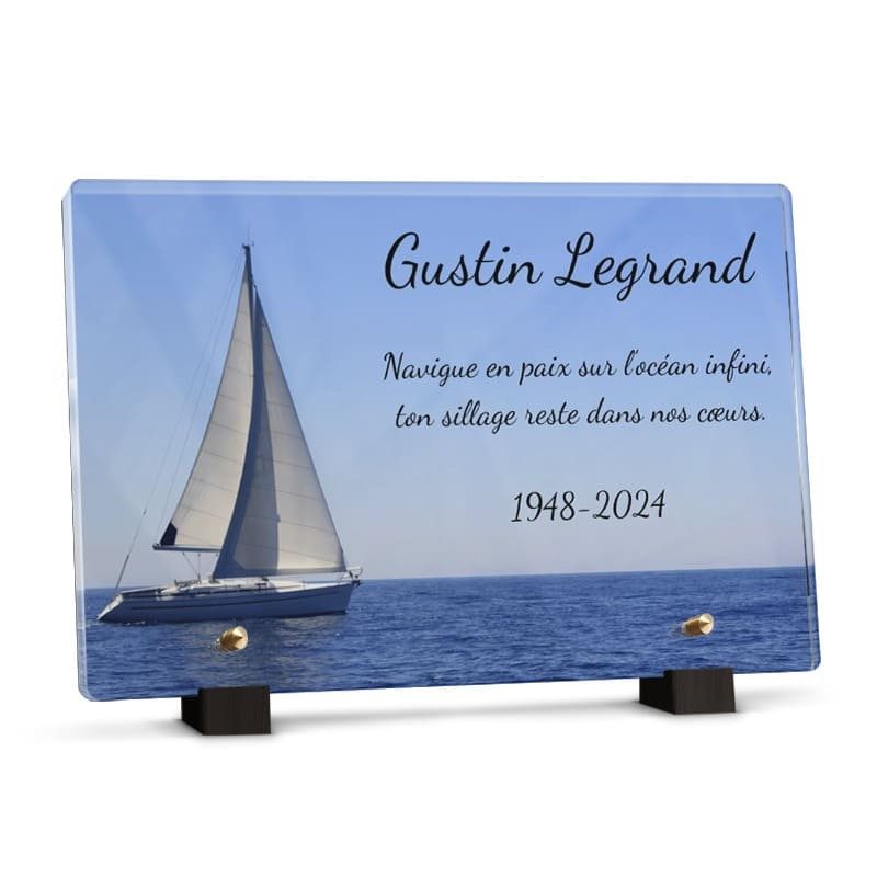 Plaque funéraire bateau océan avec texte