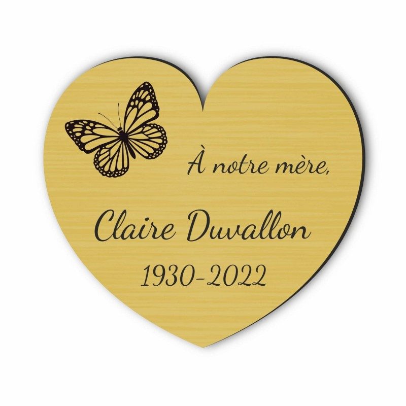 Plaque funéraire gravée cœur papillon