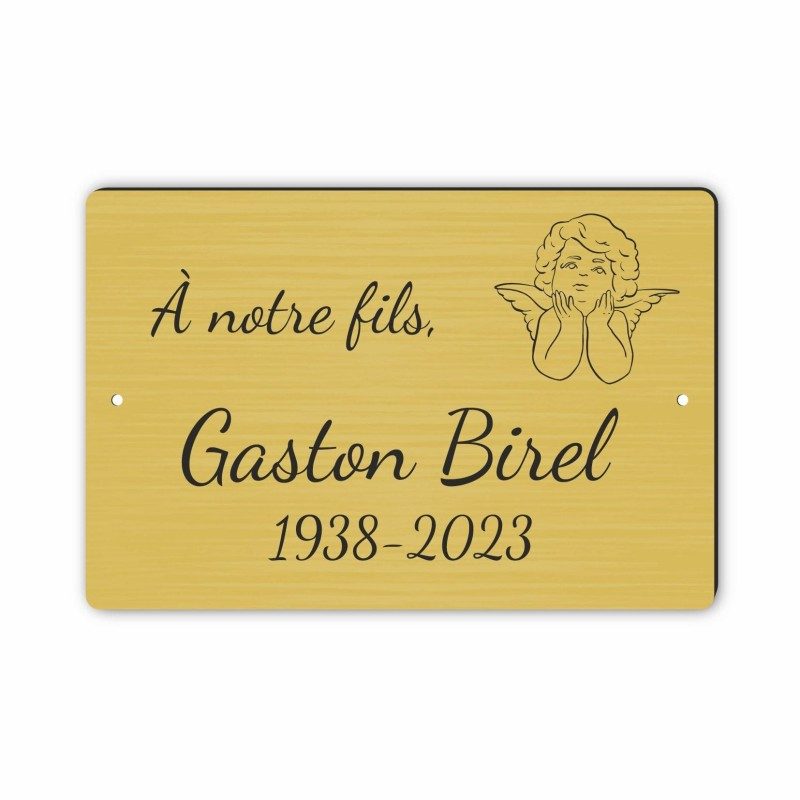 Plaque gravée funéraire motif Ailes d'Ange 2 autocollante modèle coeur (15x15 cm) personnalisée 1 à 3 lignes Or Brossé