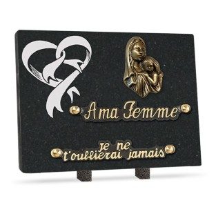 Plaque funéraire granit cœur 2 inters 20x15cm