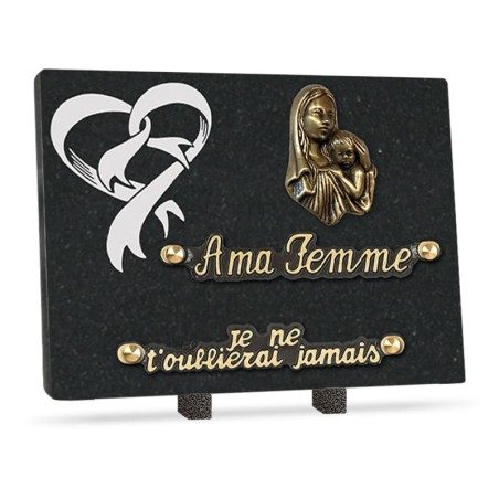 Plaque funéraire granit cœur 2 inters 20x15cm Plaque funéraire granit cœur 2 inters 20x15cm