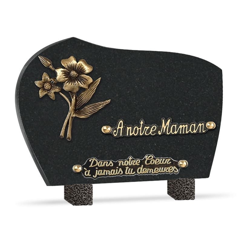 Plaque funéraire granit fleurs 2 inters 25x18cm