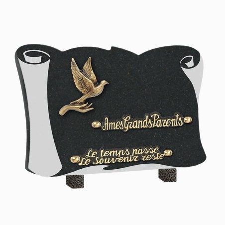 Plaque funéraire granit livre colombe 2 inters 25x18cm