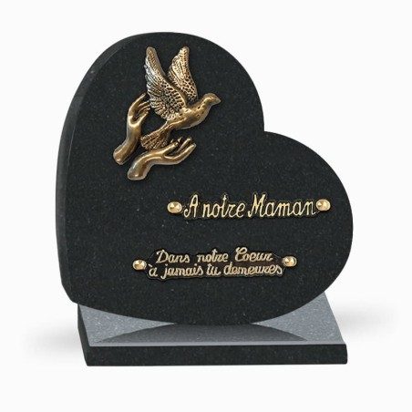 Plaque funéraire cœur granit colombe 2 inters 25x25cm Plaque funéraire cœur granit colombe 2 inters 25x25cm