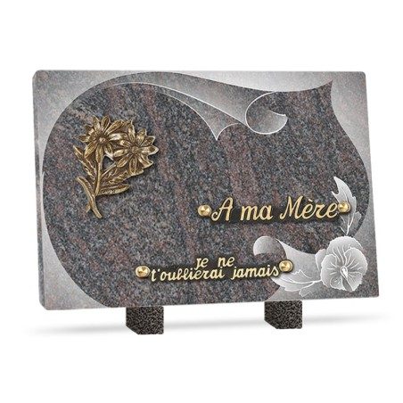 Plaque funéraire granit fleurs 2 inters 30x20cm
