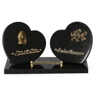 Double plaque funéraire cœur granit vierge fleur 3 inter 35x20cm