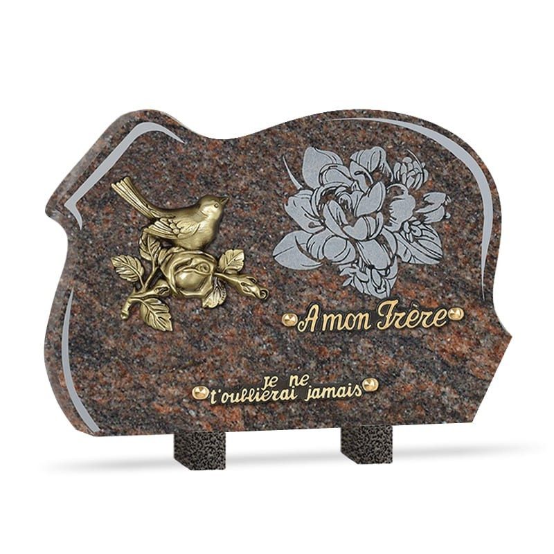 Plaque funéraire granit colombe fleur 2 inters 35x25cm