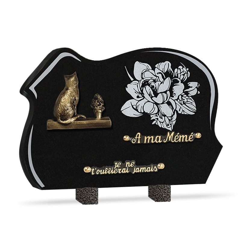 Plaque funéraire granit chat 2 inters 35x25cm
