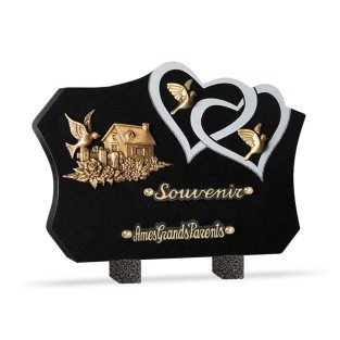 Plaque funéraire granit noir cœur colombe 2 inters 35x25cm