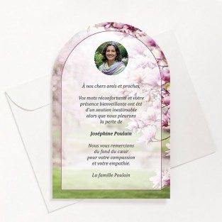 Carte de remerciements funéraire magnolia avec photo