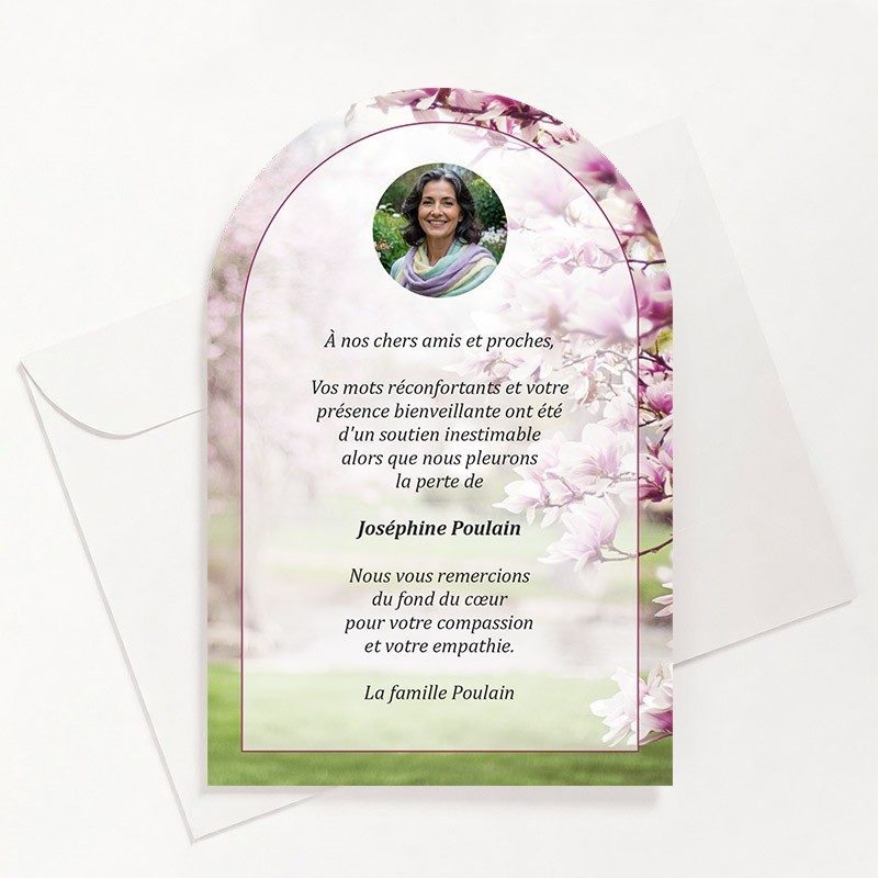 Carte de remerciements funéraire magnolia avec photo