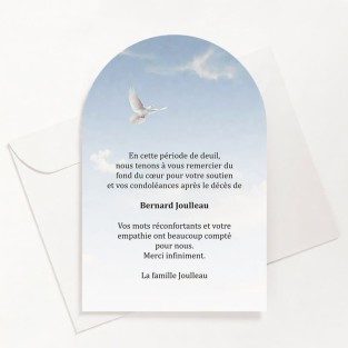 Carte de remerciements funéraire colombe dans le ciel