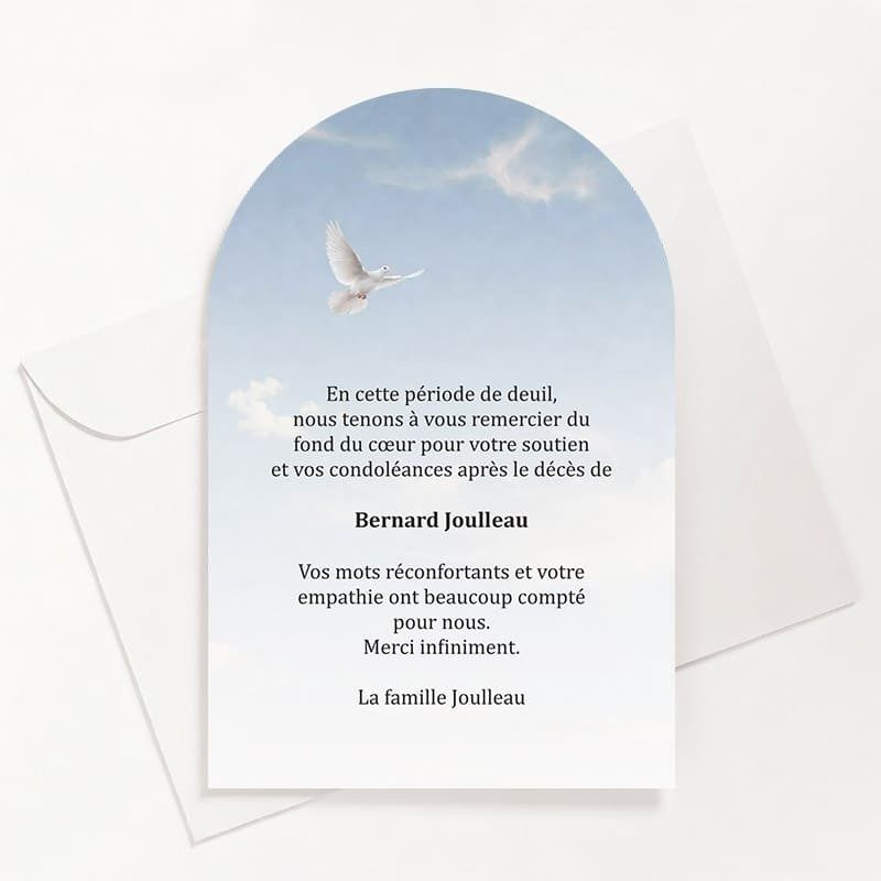 Carte de remerciements funéraire colombe dans le ciel
