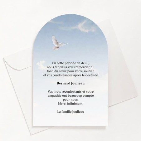 Carte de remerciements funéraire colombe dans le ciel