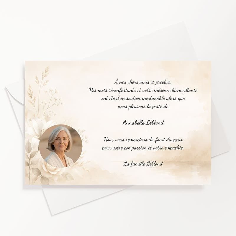 Carte de remerciements décès beige abstrait avec photo