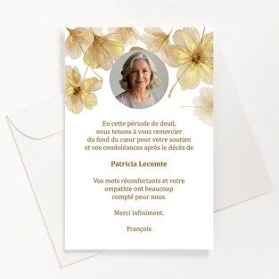 Carte de remerciements funéraire fleurs or avec photo
