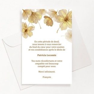 Carte de remerciements funéraire fleurs or